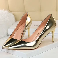 2021 fashion women patent leather 7 5cm high heels lady pointe toe gold silver heels pumps female wedding bridal shoes plus size