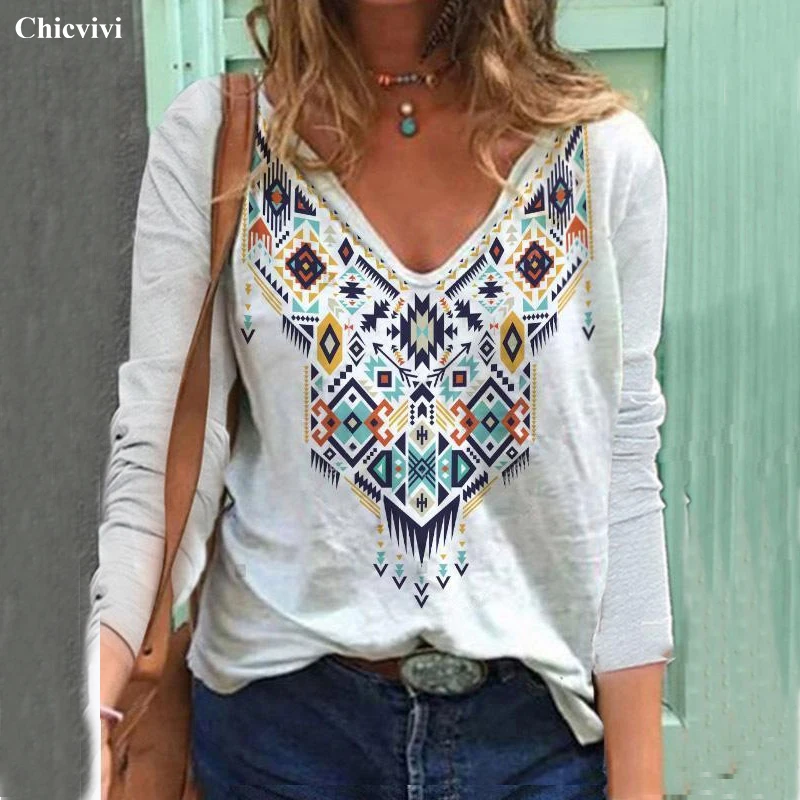 

2021 Ethnic Style Women Autumn T Shirts Elegant V Neck Long Sleeve Casual Tops Streetwear Female Tee Shirts Blusa