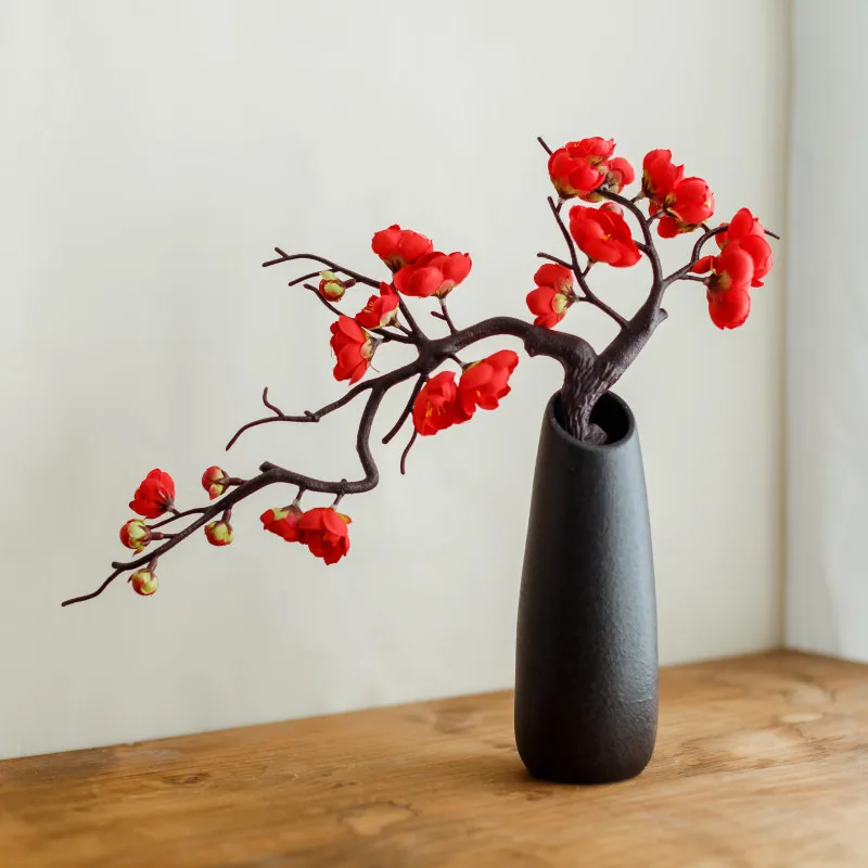 

Cherry Red Plum Blossom Silk Artificial Flowers Plastic Branch for Home Wedding DIY Decoration Foam Christmas Berry Fake Flowers