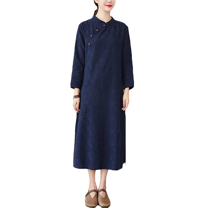 

Autumn Ethnic Style Vintage Oblique Placket Pearl Buckle Improved Cheongsam Dress Loose Long Jacquard Cotton and Linen Long