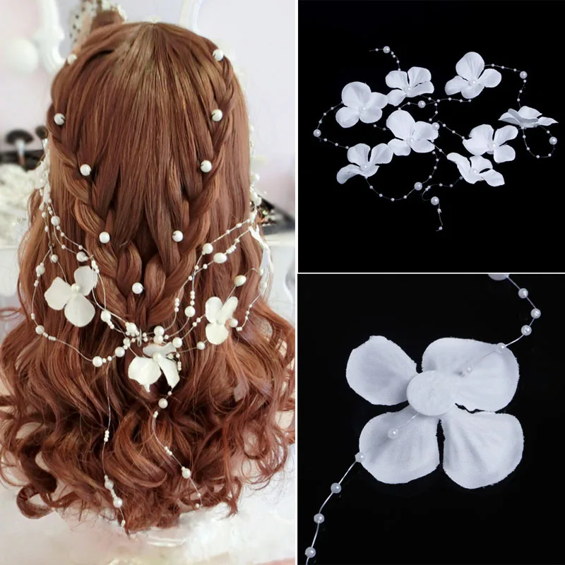 

White Flower Pearl Bead Wedding Bridal Garland Frontlet Headpiece Hair Accessory