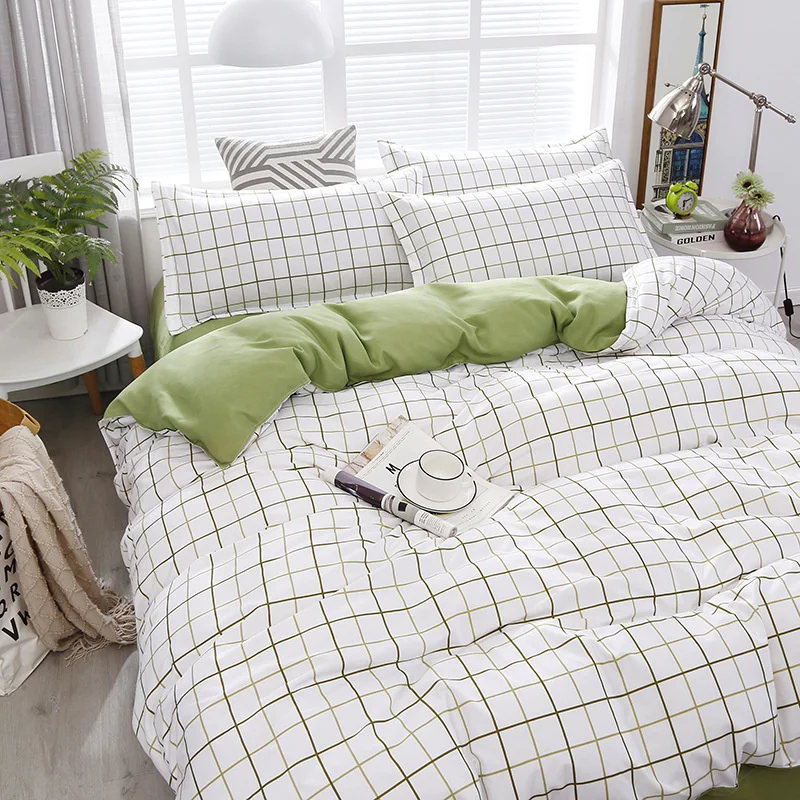 

Fashion Bedding Set White Green Double Bed Linens Cover Quilt Duvet Pillowcase Queen Size Sheet Flower Classic Grid For Girl Boy