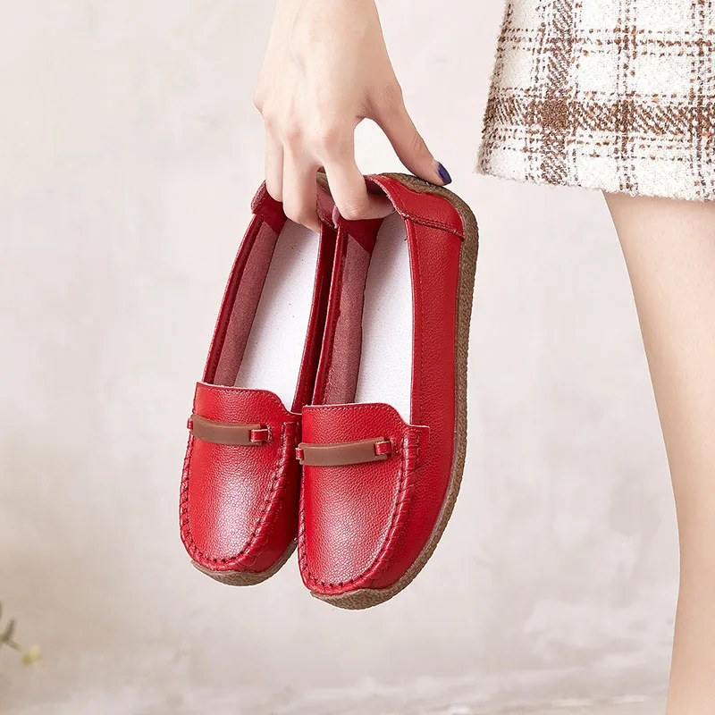 

WDZKN Spring Autumn Shallow Loafers Women Flat Shoes Split Leather Slip On Casual Snail Shoes White Concise Driving Boat Shoes