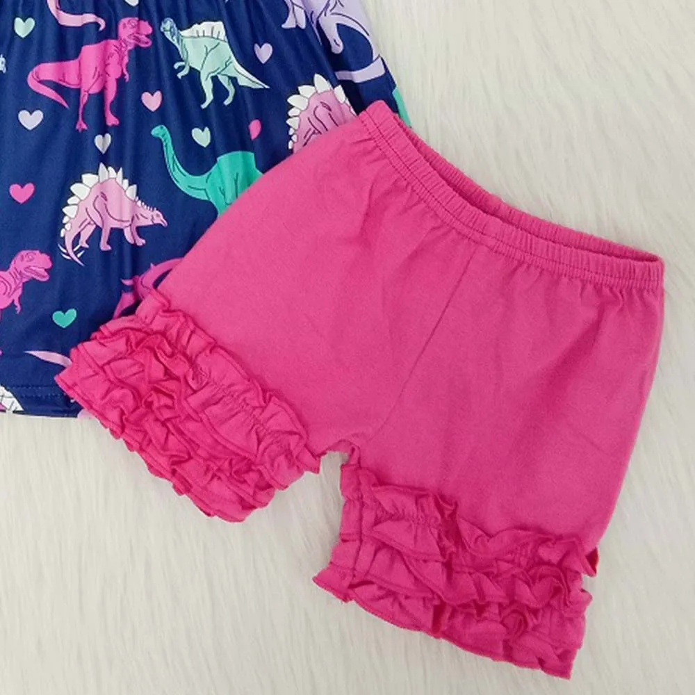

2020 Baby Girls Wear Summer Butterfly Sleeve Dinosaur Outfit Pearl Dress Dark Pink Icing Shorts Toddler Kids Clothes
