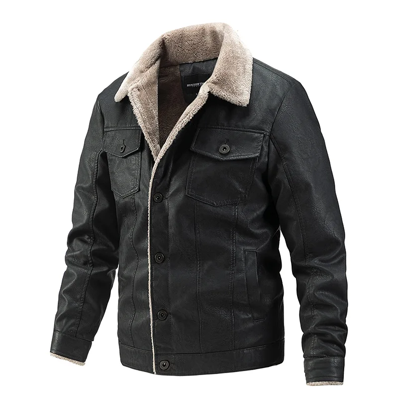 Men's PU Leather Jacket Winter Plus Velvet Thickening Casual Men's Slim Jacket Plus Fertilizer Lapel Warm Leather Jacket