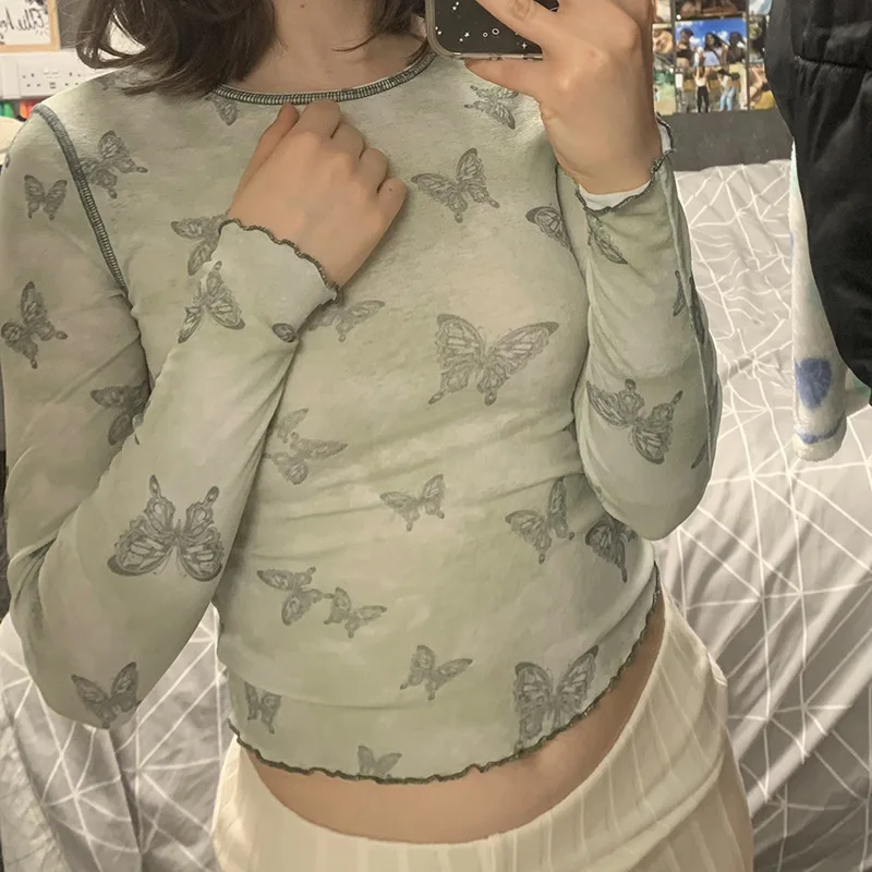 

Женская футболка с принтом бабочки, зеленая Повседневная футболка с длинным рукавом, круглым вырезом и отделкой салата, для взрослых, для осени, S, M, L