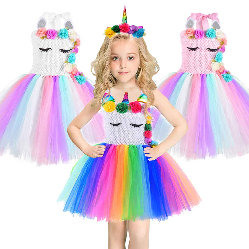 С цветочным рисунком из сетчатой ткани Косплей Единорог платья с юбкой-пачкой
