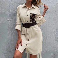 autumn women long sleeve shirt dress casual loose leopard stitching party dresses elegant button office ladies clothing 2021