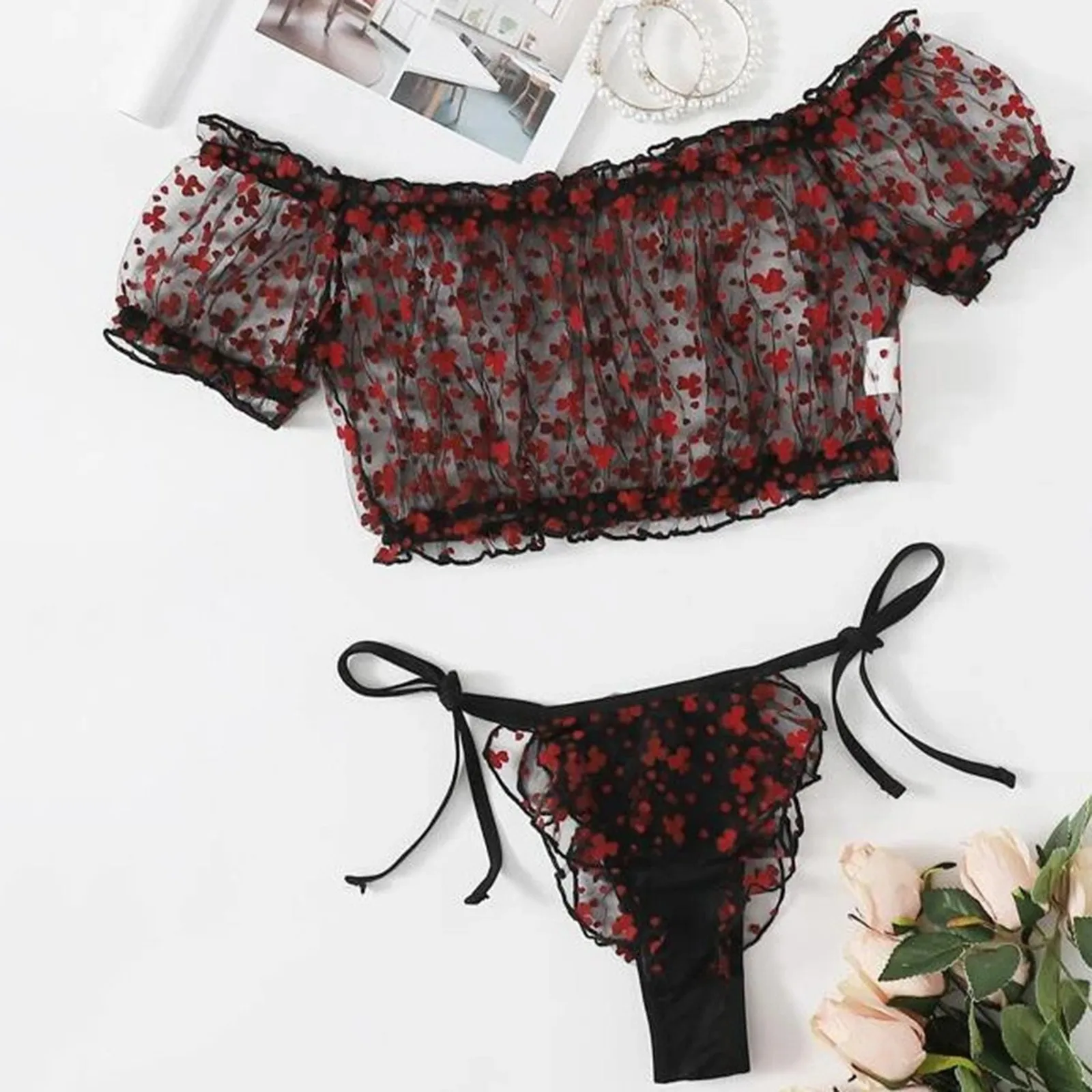 

Для женщин, сексуальное эротичное женское белье Комплекты сексуальные стринги с цветочным узором и вышивкой в виде Розы бюстгальтер с круж...