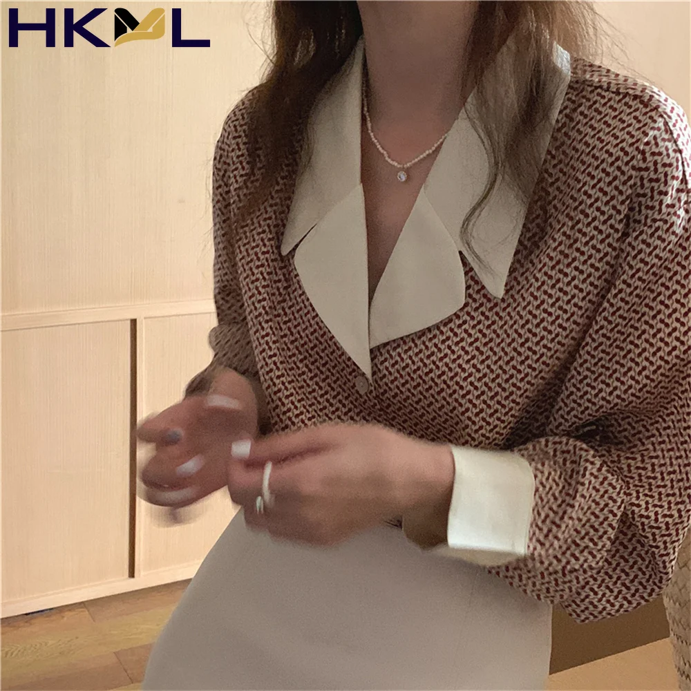 

Women Shirt 2021 Korean Fashion Chic Autumn Elegant Retro Suit Collar Contrast Stitching Loose Long-sleeved Blouses Top
