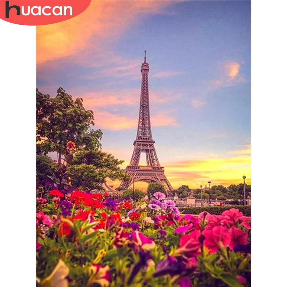 

HUACAN DIY Frame Painting By Number Flower Tower Canvas Picture By Numbers Landscape Acrylic Paint On Canvas For Home 60x75cm