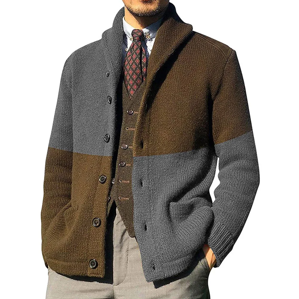 

Men Sweater Cardigans Autumn Winter Casual Gentle Patchwork Sweaters Color Block Slim Long Sleeve Single Breasted Lapel Cardigan