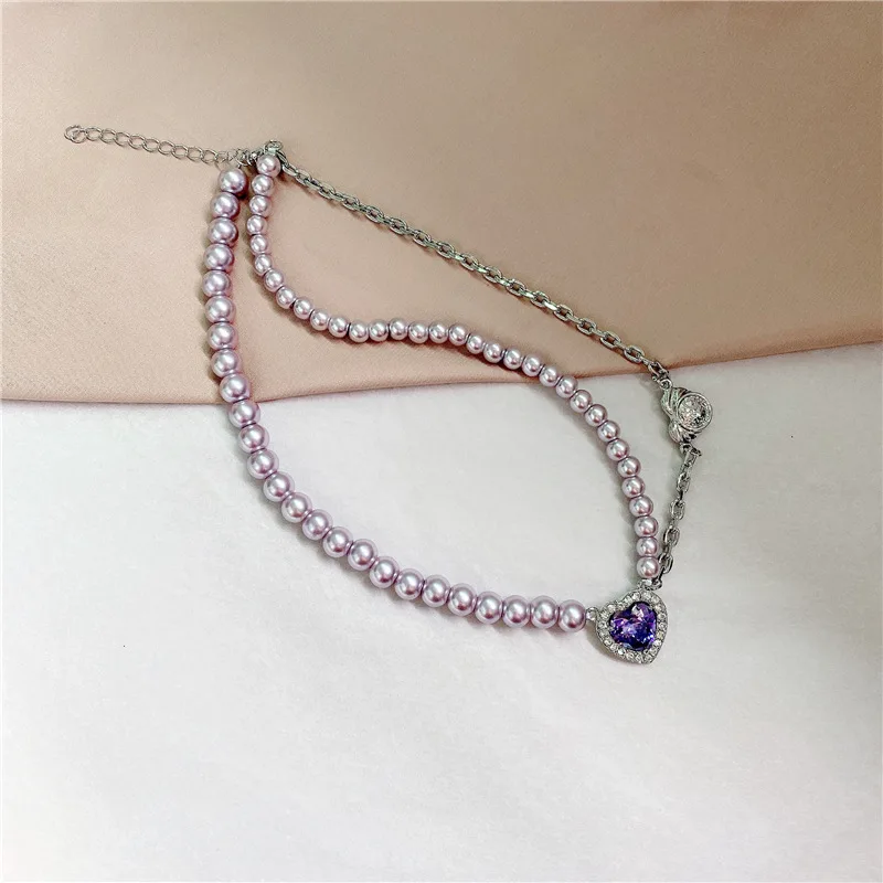 

Minar Luxury Purple Crystal Heart Choker Necklace Bling Rhinestone Double Layers Imitation Pearls Pendant Necklaces for Women