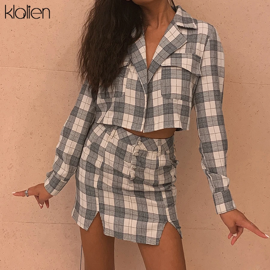 Klanien ретро стиль плед длинный рукав отложной воротник топ пальто для женщин + мини