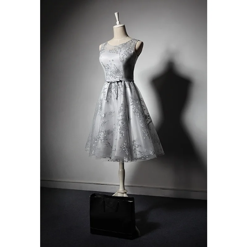 

Women's short formal prom evening dress print lace grey wedding party dress Plus size Ceremony Bespoke Occasion Dress