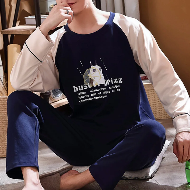 

2021 Spring Autumn Men Cotton Pajamas Long Sleeve Male Pajama Set Men Long Pants Pajamas For Men New Sleepwear Suit Homewear 3XL