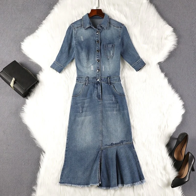 

Spring Large Size 4XL 5XL Women Denim Dresses Fashion Half Sleeve Lapel Solid A-Line Casual Ladies Ripped Jeans Party Dress