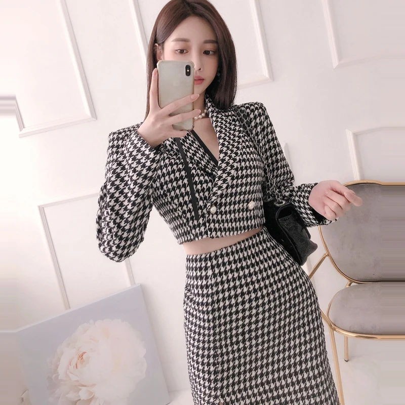 Autumn Winter Vintage Houndstooth Skirt Set Women's Elegant Two-Piece Set Layies Blazer Jacket  Package Hip Skirt Female Outfit