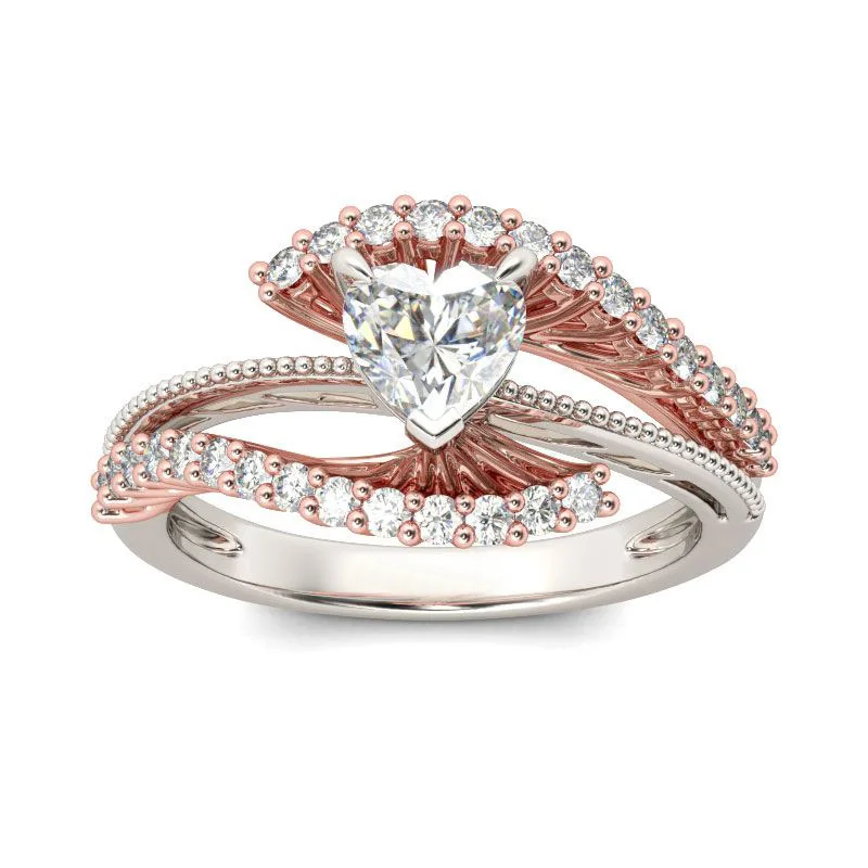 

Женский комплект из кольца и сердца, двухцветное кольцо из розового золота с микро-инкрустацией из фианита, свадебная бижутерия