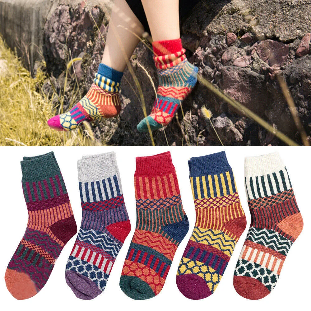 

5 Pairs Winter Thick Warm Wool Socks Vintage Thermal Cashmere Snow Socks Christmas Crew Sock Cashmere Soft Casual Sports Socks