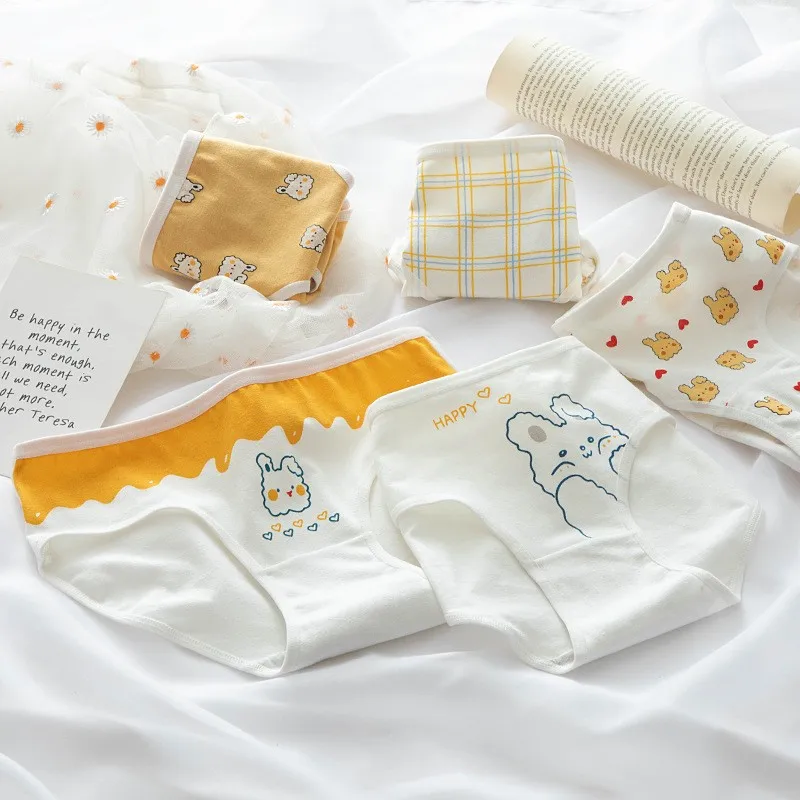 

5 Pcs/Set Mid Waist Women Girls Lingerie Set Yellow Rabbit Cotton Briefs M-XL Underwear Lot Panty Soft Comfortable Panties
