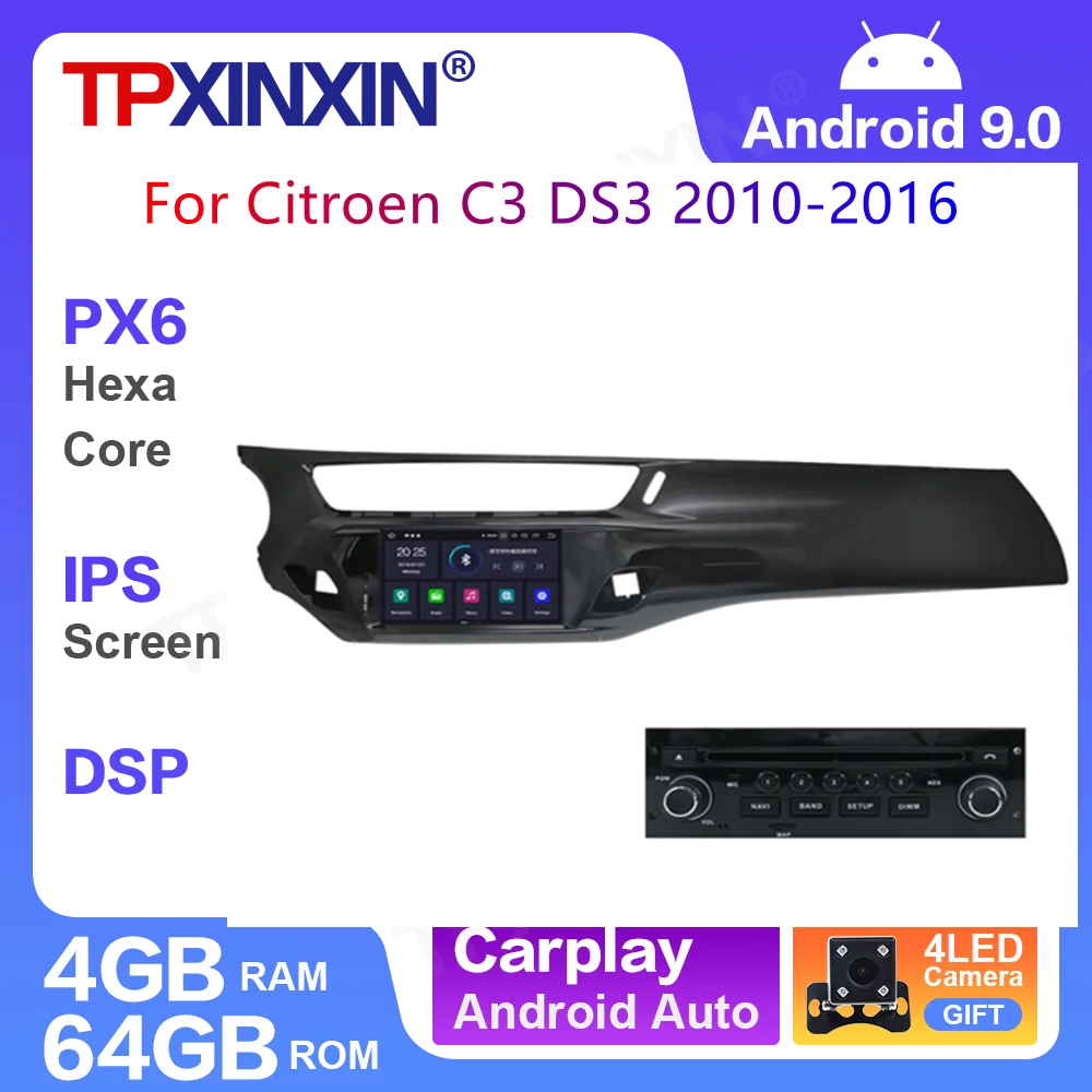 Radio Multimedia con GPS para coche, Radio con reproductor DVD, navegador, estéreo, 2 din, CarPlay, PX6, Android 10, C3 para Citroen DS3, 2010 - 2016