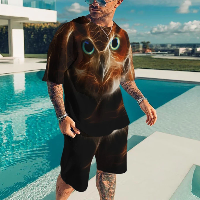 

Men's T-shirts Owl 3D Printing Pattern Short Sleeve T-shirt Shorts Two-piece Set Harajuku Casual Fashion Unisex Oversized Tees
