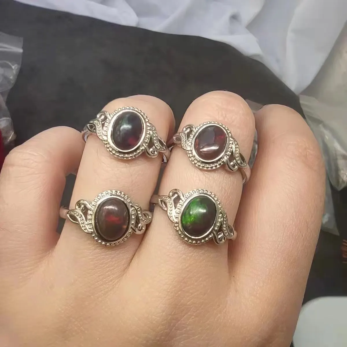 

1pcs/lot S925 silver natural black opal ring adjustable female gemstone jewelry expensive Color changing rare multiple styles