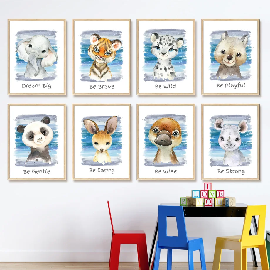 

Watercolor Animal Painting for Bedroom Kids Room Decor Canvas Picture Be Brave Dream Big Posters for Home Design