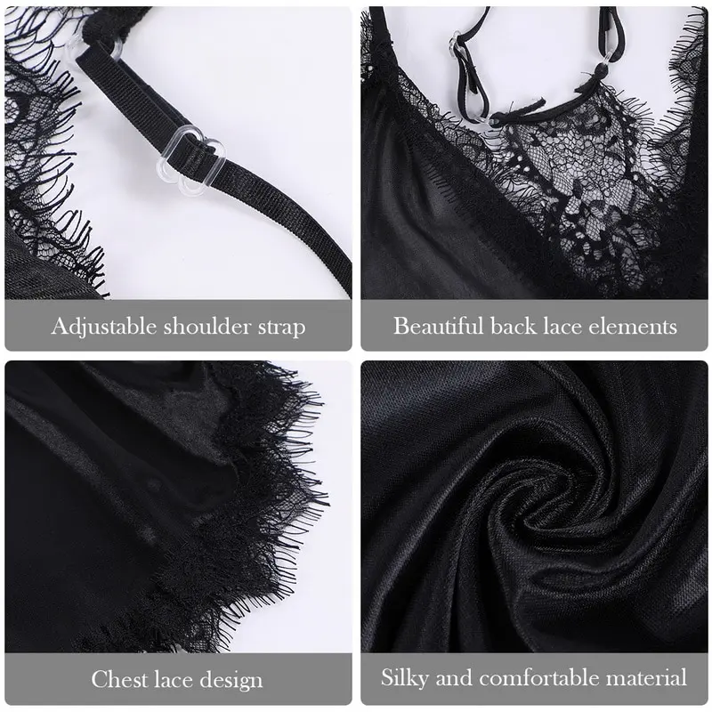 

2021 Women Sexy Sleepwear Sleeveless Babydoll Strap Nightwear Lace Trim Satin Cami Top Pajama Party Sets