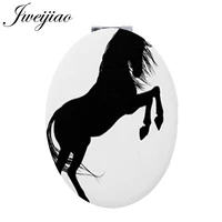 jweijiao black and white horse silhouette beauty oval healthhand pocket mirror vintage horseback pu leather game mirrors n978