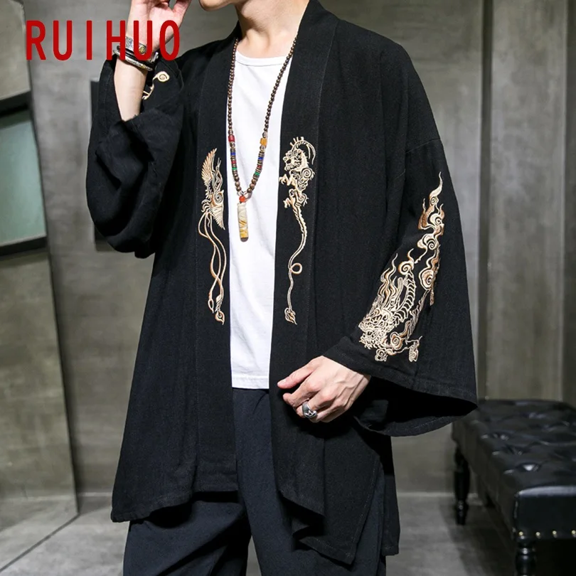 RUIHUO Dragon Embroidery Kimono Jacket Men Coat Streetwear Bomber Hip Hop Windbreaker 5XL 2021 New | Мужская одежда