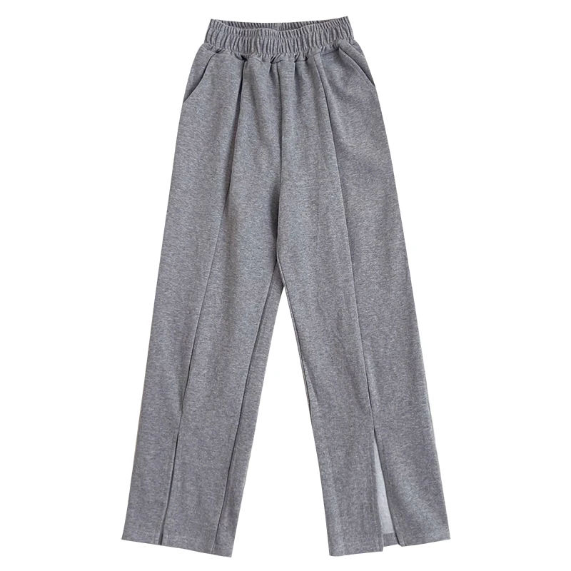 

2021 Summer Spring Women Sweat Pants Leg Split Sports Elastic High Waist Loose Thin Gray Straight Pants