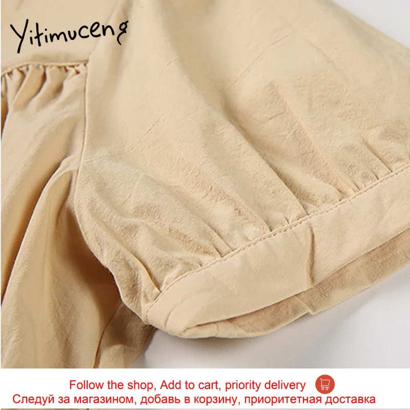 

Yitimuceng White Blouse Women Lace Up Folds Shirts Puff Sleeve Square Collar Straight Solid 2021 Summer Korean Fashion Tops