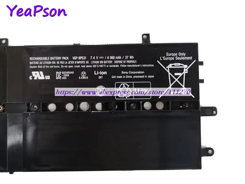 Аккумулятор Yeapson VGP-BPS31 7 4 В 4960 мА · ч 37 Вт для ноутбука Sony Vaio Duo 11 SVD1121Q2EB SVD11215CVB |