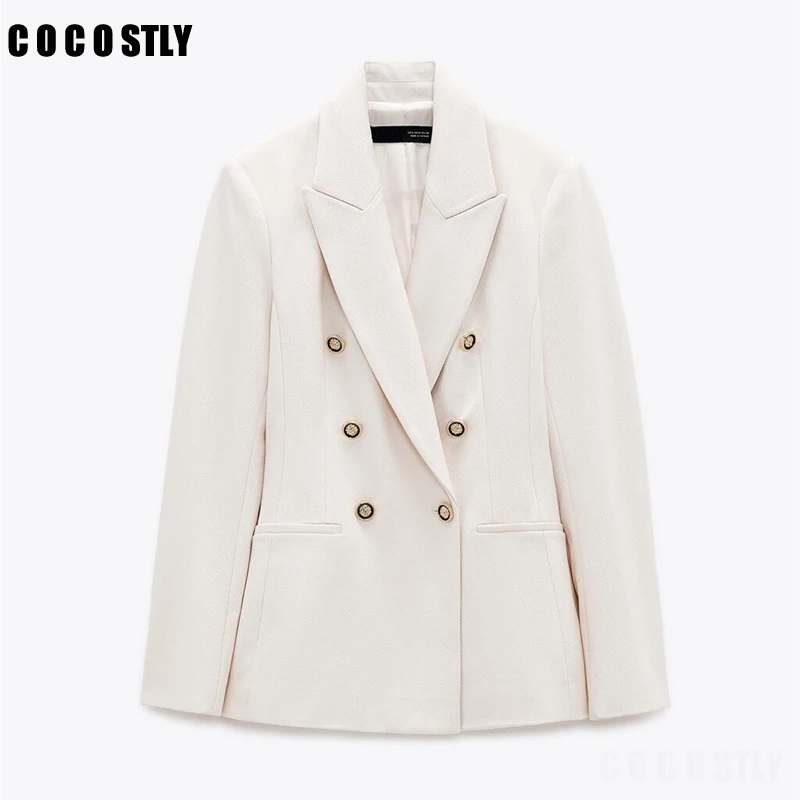 

New 2022 Autumn Blazer women suit collar double breasted white clothing office lady workplace jacket suit blazer femme