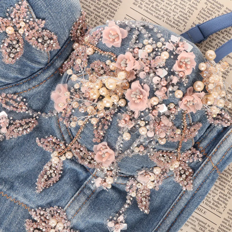 

NEW Flower beading Denim Jeans Scratched Women's Button Diamonds Ripped Push Up Bustier Night Club Party Crop Top New Corset Cam