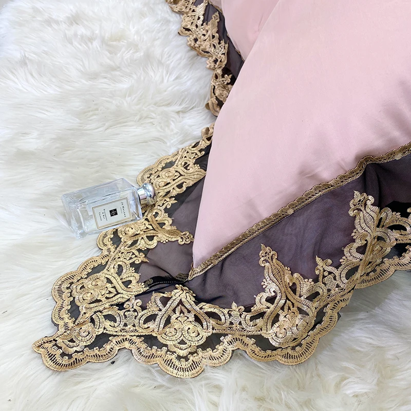 

Premium Pink White Gray 1000TC Satin Egyptian Cotton Bedding Set Gold Lace Edge Duvet Cover Bed Linen Fitted Sheet Pillowcases