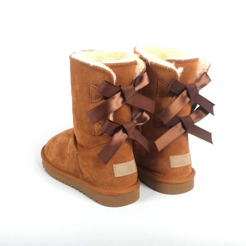 Женские зимние сапоги до середины икры с бантиком женские из натуральной кожи