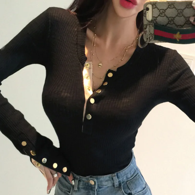 

Spring Autumn New Skinny Sexy Low Bust Hot Slim Bottomed T-shirt Long Sleeve Knitted Top Basics T Shrit Korea S350