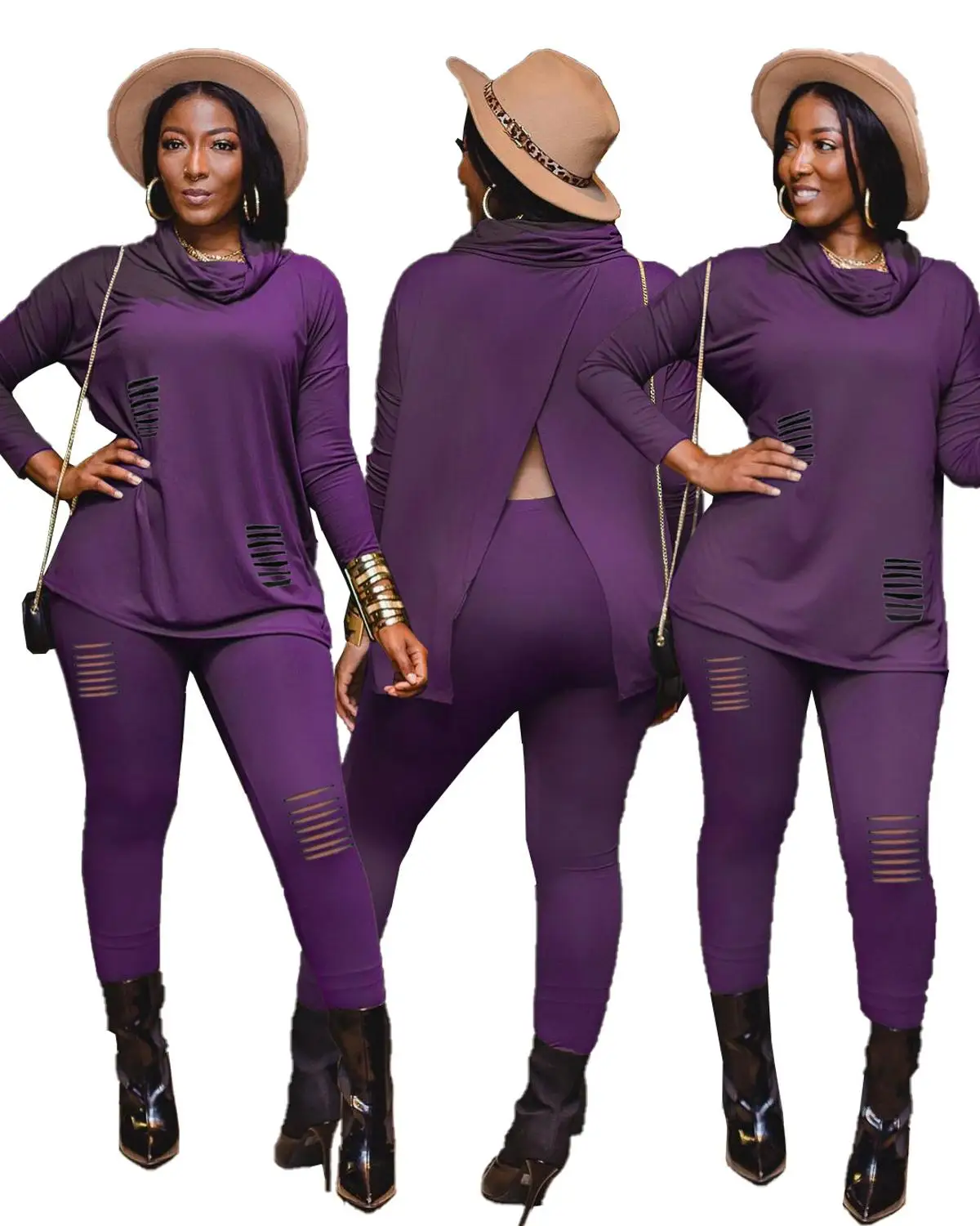 

Street Style Women Casual Sets High Neck Long Sleeve Hollow Out Back Split Loose Tops High Waist Pants Outfits Nightclub Party