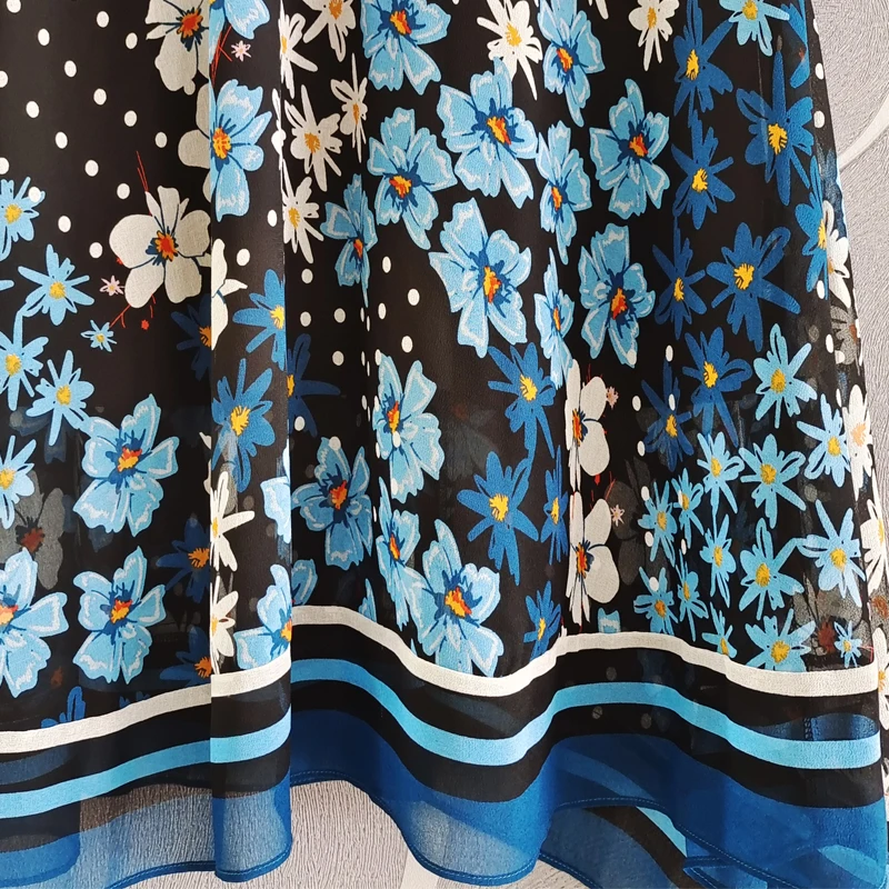 

SEQINYY Chiffon Dress Summer Spring New Fashion Design Women Casual Blue Flowers White Dot Print Black Midi