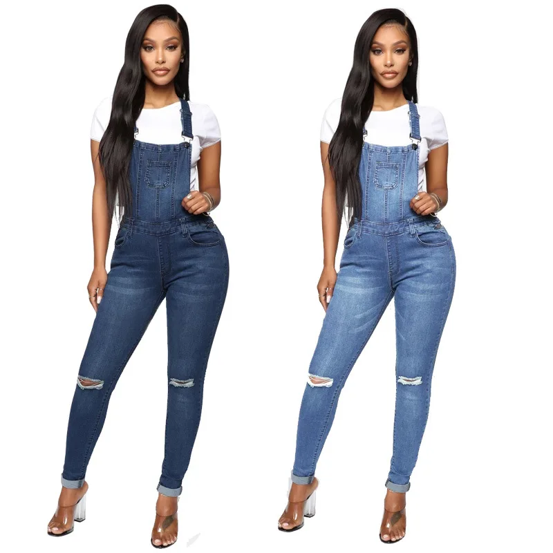 

Dark Blue Ripped Skinny Jeans Jumpsuit Women Autumn Fashion Side Button Denim Overalls Woman Vintage Distressed Suspenders Jeans