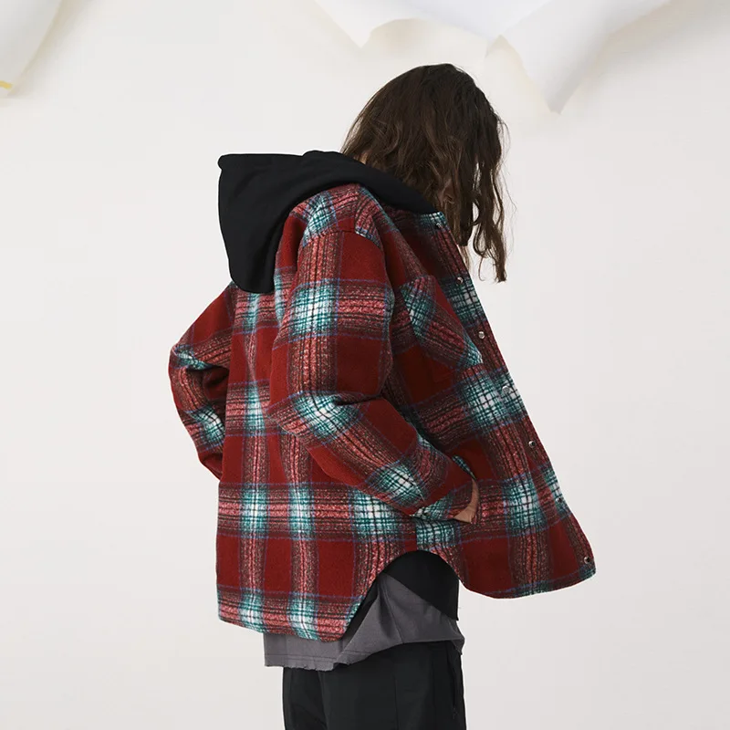 UNCLEDONJM Men Harajuku Plaid Hooded Jackets Fake two pieces Autumn Thick Streetwear Korean Fashion with Hood OV9398 | Мужская одежда