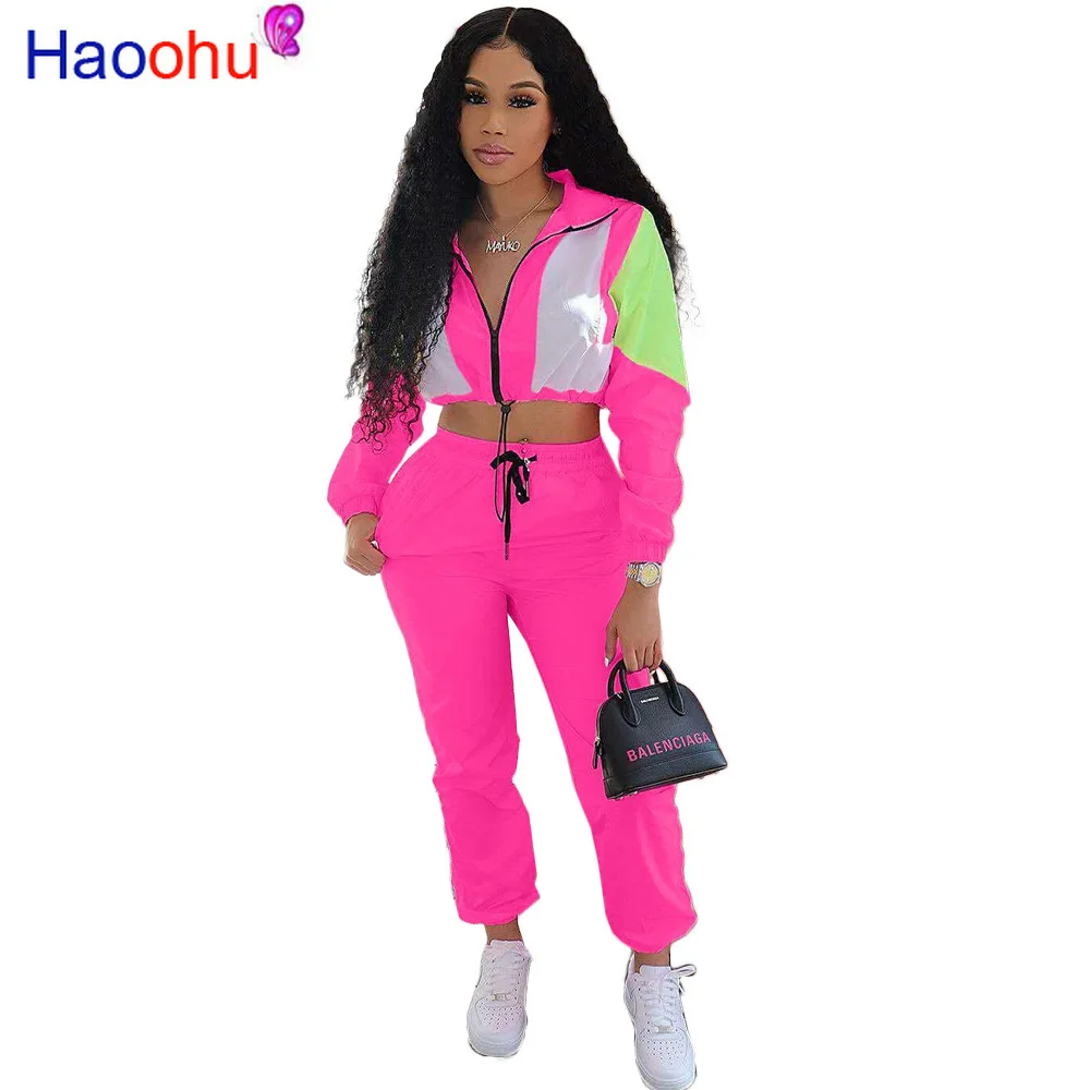 

Multicolour Block Patchwork Tracksuit Zipper Two Piece Set Long Sleeve Crop Top And Long Pants Sexy Slim Women Leisure Outfits