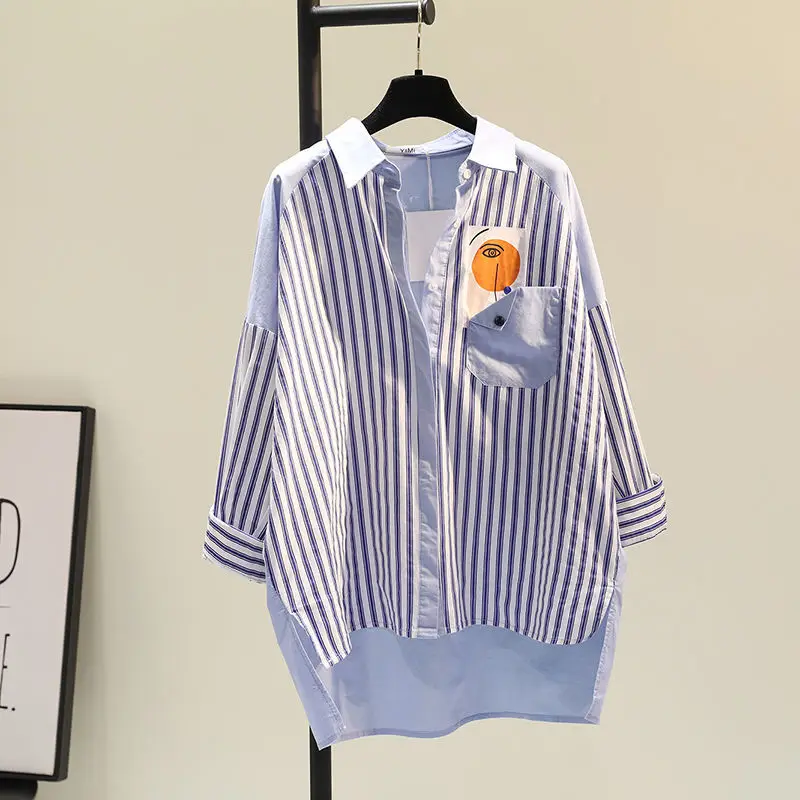 

Blue Vertical Stripes Shirt Stylish Long Sleeve Top Color Matching Cotton Mid-length Shirt Womens Single-pocket Casual Shirts