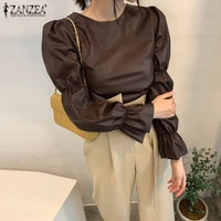 zanzea 2021 casual baggy blusas women puff sleeve blouses fashion pu leather tops female o neck tunic street chemise oversized