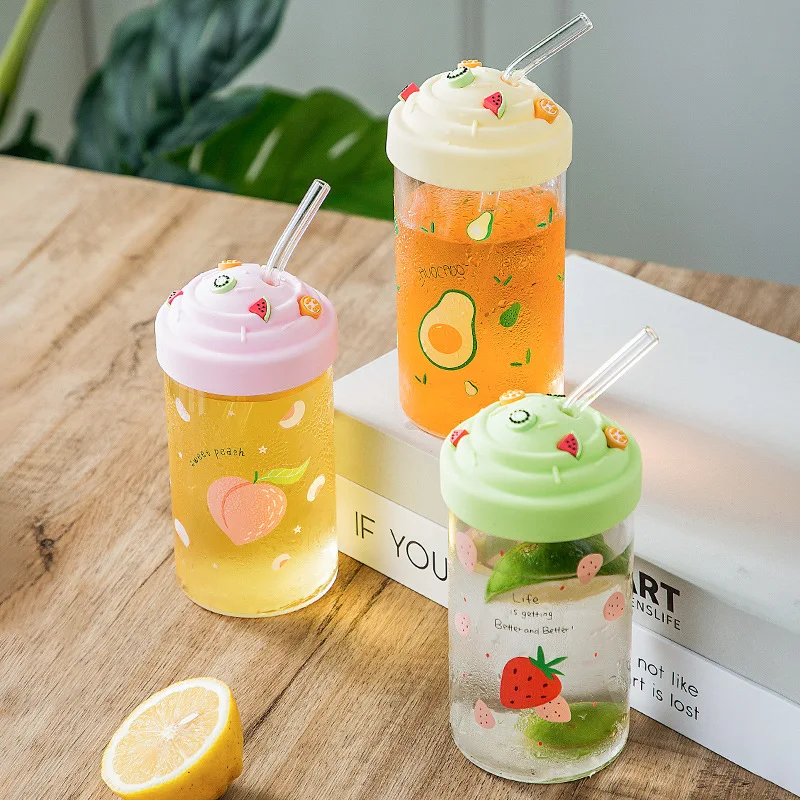 

Glass Transparent Straw Cup Personality Photo Cartoon Drinkware Simple Fruit Cover Children Cute Creative Water Bottle
