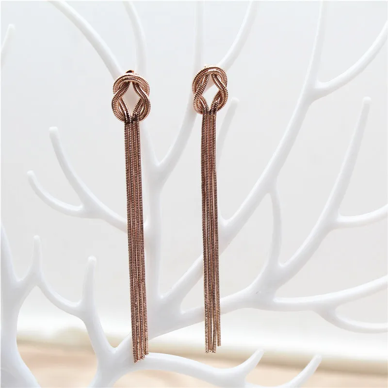 

2021 New Rose gold snakeskin chain knotted Fringed Ins long stud earrings