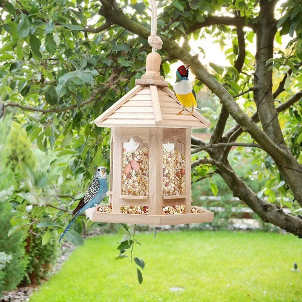 

Outdoor Bird Feeder With Top Nylon Lifting Rope Solid Pine Bird Feeder Wooden Feeder Balcony Supplies